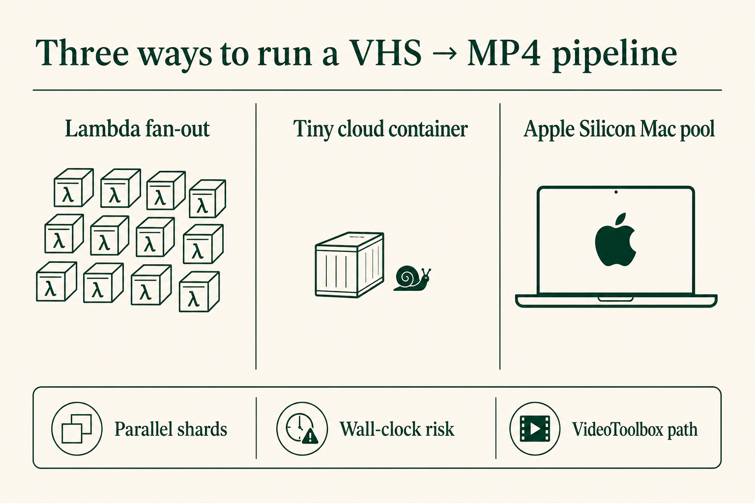 Remotion paths: Lambda fan-out, tiny cloud container, Apple Silicon Mac pool